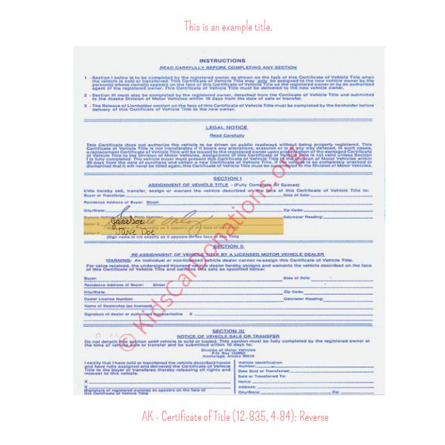 Alaska Certificate of Title (12-835, 4-84): Reverse | Kids Car Donations